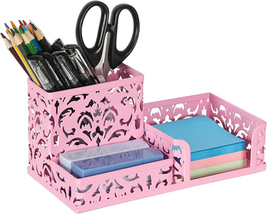 EasyPAG Desk Organizer 3 Compartment Pen Holder for Desk Office Supplies Caddy with Sticky Notes Holder for School Home, Pink