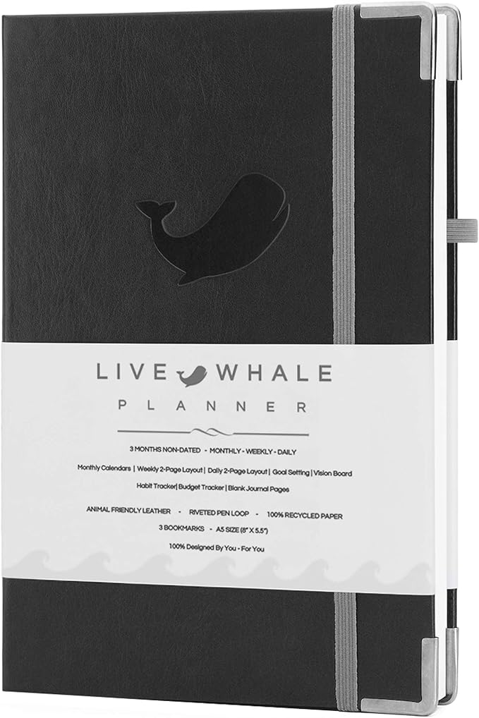 Closeout Edition Live Whale - Daily Planner & Mindfulness Journal - Personal Organizer | Focus Planner with Time Tracker & Goal Setter Journal- Black