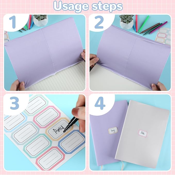 QOUBAI Jumbo Stretchable Book Covers 7PCS Reusable Fabric Book Covers with Label 9x11in Pastel Girls Protective Sleeve for Hardcover Book Textbook Cover for School Fits Most Book Sizes Up to 10x12.5in