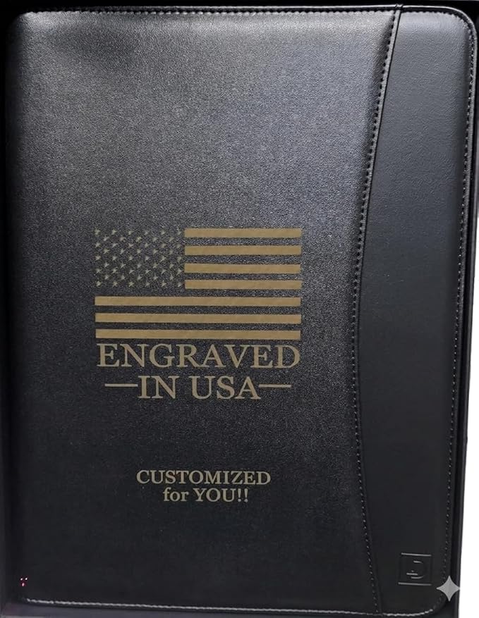 Customized Black Zippered Portfolio Binder - Engraved PU Leather Business Portfolio Organizer - Padfolio for Men & Women with US Letter Notepad, 10.5 Inch Tablet Pocket & Gift Box by Lautus Designs