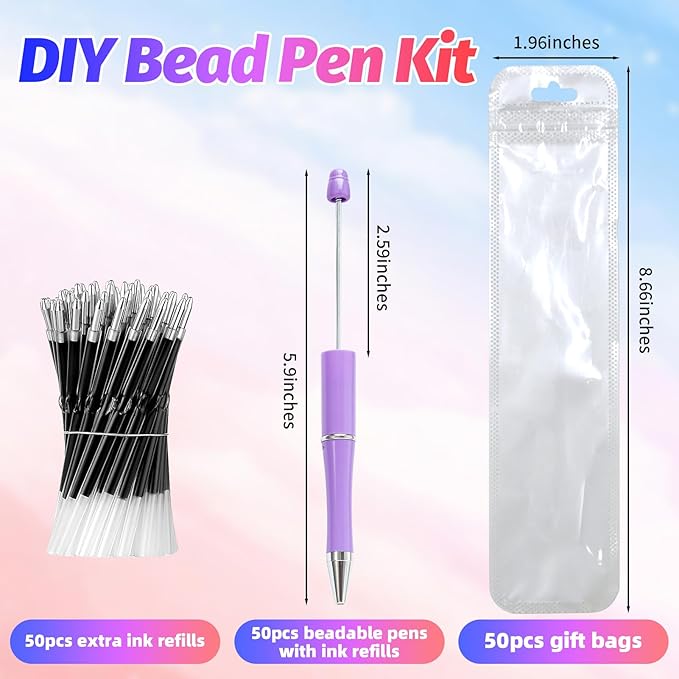 150 Pieces DIY Beadable Pen Kit – 50 Plastic Ballpoint Pens with Refills & Bags, Beads Not Included – School Supplies, Office Accessories & Craft Gifts for Students & Teachers (Multicolor)