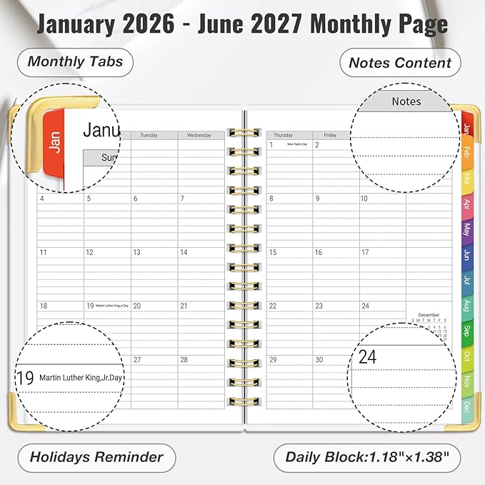 Daily Planner 2026-2027, 18 Month Planner with Tabs, January 2026 - June 2027 Weekly and Monthly Academic Year Calendar Spiral Time Management, 100GSM Thick Paper, Twin-Wire Binding, A5 Size, Black and white stripes