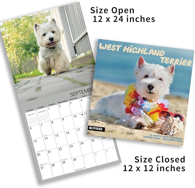 2026 Wall Calendar,West highland terrier Wall Calendar, 12" x 24" Open,Family Planner Calendar Organizer with West highland terrier Images, for Dogs Lovers