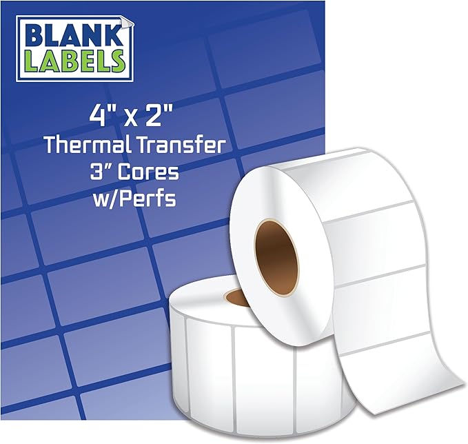Blank Labels Shipping and Printer Labels 4" X 2" Thermal Transfer Labels on 1" Cores with NO Perforations Between Labels | 3,000 Label Per Roll | Matte White 4 Rolls Total | 12,000 Label | Made in USA
