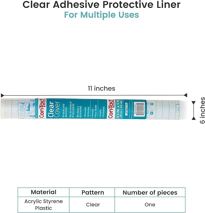 Con-Tact Brand Clear Adhesive Protective Liner, Protect Books and Documents, Easy to Apply Book Cover, 13.5'' x 5'