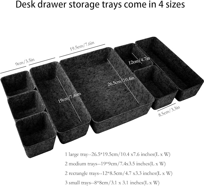 Desk Drawer Organizer Bins, 16pcs Felt Shallow Bathroom Storage Trays, Office Accessories & Workspace Organizers Jewelry & Makeup Boxes Containers(Black)