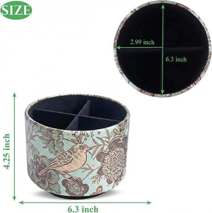 Round Leather Art Supply Organizer,Remote Control Holder,360 Degree Spinning,Multi-Functional Pencil Holder,4 Compartments Desktop Stationary Organizer(1-Green Bird)