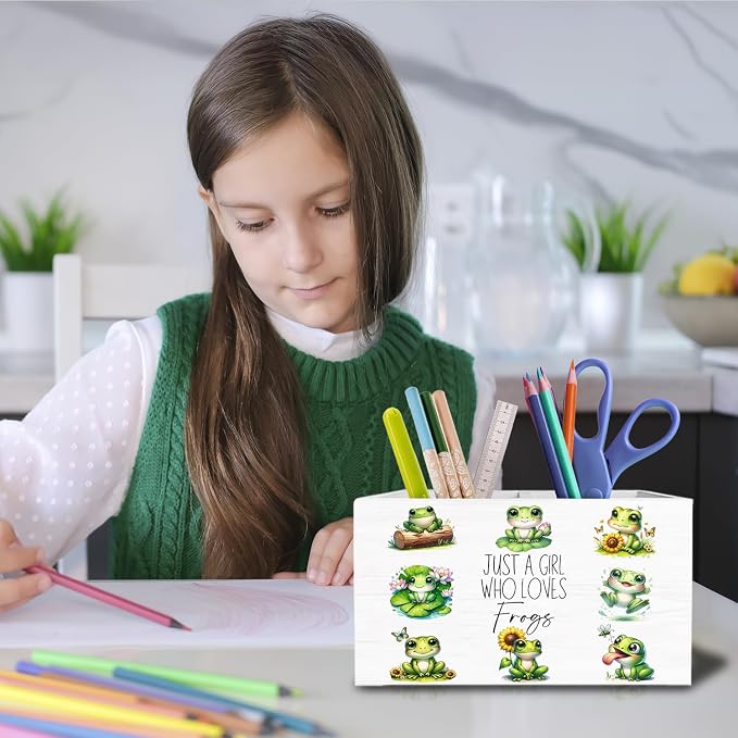 Cute Floral Frog Pen Holder for Desk, Gifts for Frog Lovers Pencil Organizer, Just a Girl Who Loves Frogs Wooden Box Sign Desk Decor for Home Office Decoration