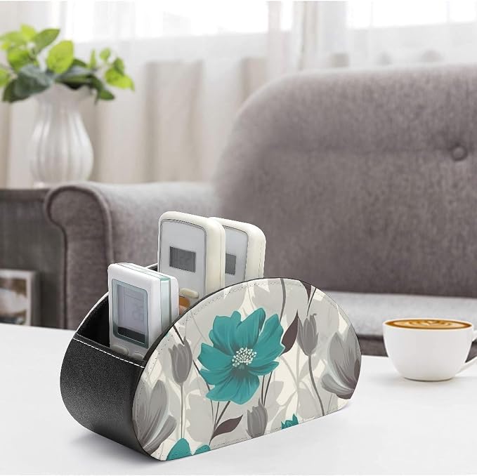 Teal Grey And White Floral Remote Control Holders Waterproof Pu Leather TV Remote Holder Desktop Storage Organizers Remote Caddy Box with 5 Compartments for TV Remotes/Media Controllers/Office Supplie