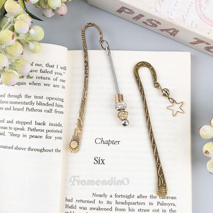 Framendino, 12 Pack Metal Bookmarks, Antique Vintage Bookmark Hooks, Flower Carved Hairpin Stripe Book Marks with Loop for DIY Jewelry Making Charms