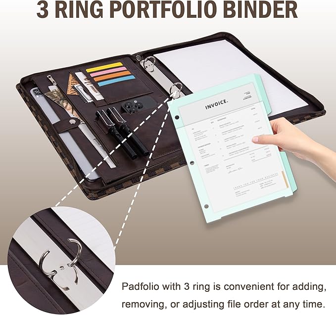 Calfinder Personalized Portfolio Binder for Women&Men, Free Name Engrave,Customized Leather Padfolio with Logo or Name,3 Ring Zippered Padfolio with Pad 13" Holder for Interview（Brown-Grid）