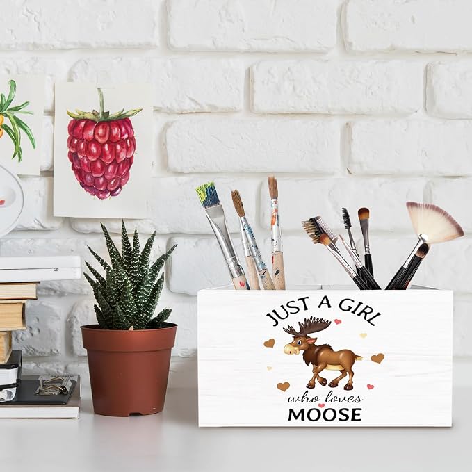 Moose Gifts Pen Holder for Desk, Deer Lover Gifts Pencil Organizer, Just a Girl Who Loves Moose Wooden Box Sign Desk Decor for Home Office Decoration