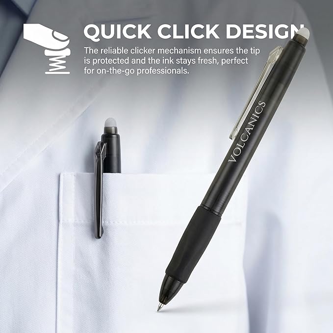 Volcanics Retractable Clicker Erasable Gel Pens - 0.7mm Ball Point, Heat Erase with Built-in Eraser, 36 Pack,Soft Black