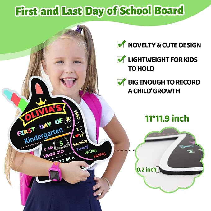 First and Last Day of School Board Reusable, Back to School Chalkboard Sign, Double Sided Preschool Kindergarten Signs for Kids Girls Boys (Cute Unicorn)