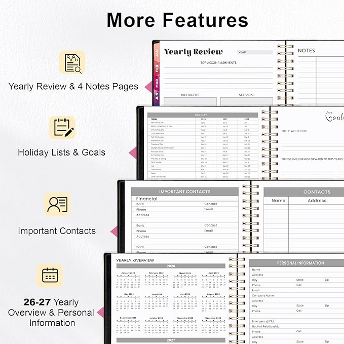 Oucaru 2026 Planner, Weekly and Monthly Planning Calendar, Jan 2026 - Dec 2026, 8.5" x 11", Spiral Bound, 12 Habit Trackers & Monthly Tabs, 2 Storage Pockets, Perfect for Office Home School Supplies