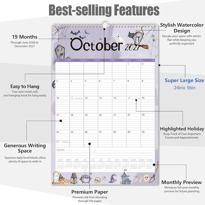 GuassLee Extra Large Wall Calendar 2026,36"x 24" Vertical Jumbo Hanging Wall Planner, 19-Month Aesthetic Large Calendar Jun. 2026 to Dec. 2027 with Thick Paper Watercolor Design for Easy Organizing