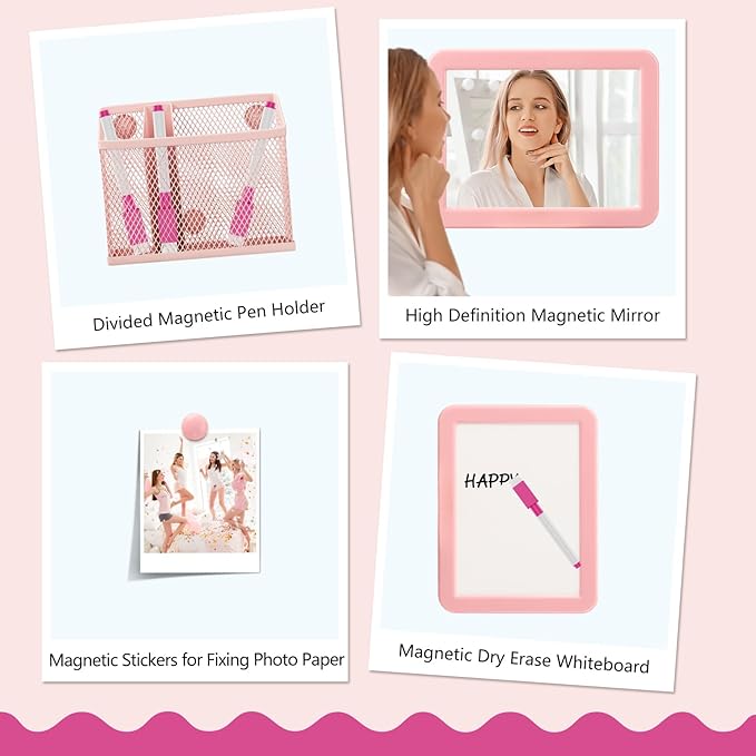 Magnetic Locker Accessories Set, Back to School Essentials (with Magnetic Whiteboard, Locker Mirror, Pen Holder, Marker, Round Magnet) School Locker Decor, Work Locker Organizers-Pink
