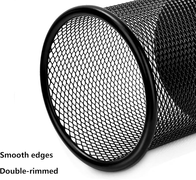 Wire Mesh Pen Cup, Black Metal Pencil Holder, Round Stationary Pen Stand Organizer for Desk Office Pen Storage, ‎3.5" x 3.9"