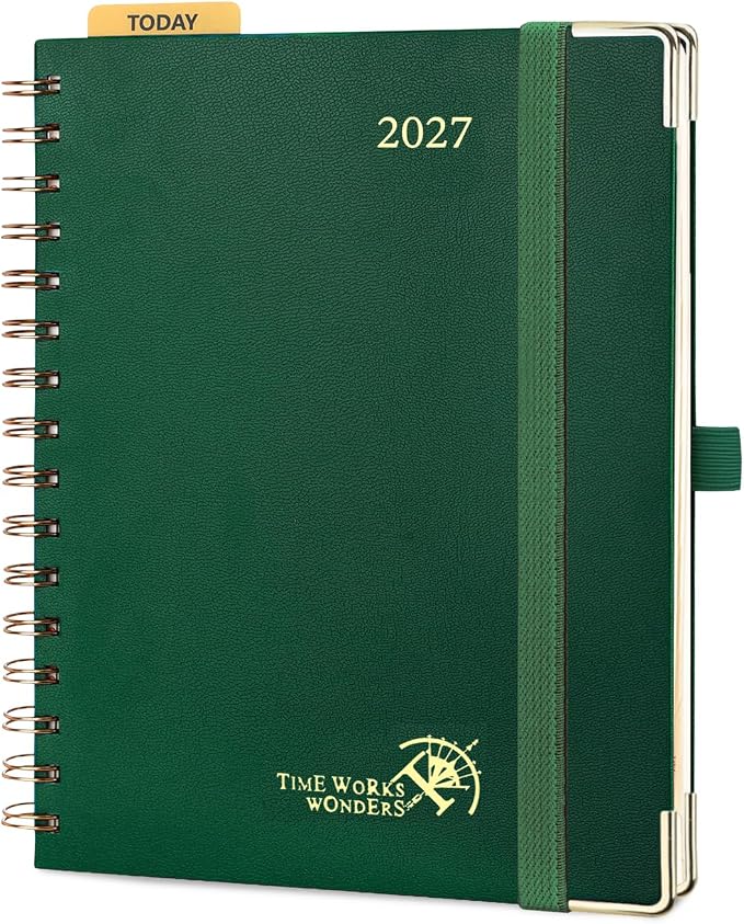 POPRUN 2027 Planner Daily Weekly and Monthly Calendar with Hourly Schedule(Medium Size 8.5'' x 6.25'' Wire-Bound Hard Cover) - Agenda 2026 (Jan.2027-Dec.2027), Monthly Tabs - Dark Green
