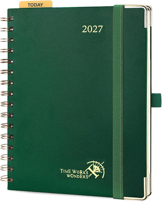 POPRUN 2027 Planner Daily Weekly and Monthly Calendar with Hourly Schedule(Medium Size 8.5'' x 6.25'' Wire-Bound Hard Cover) - Agenda 2026 (Jan.2027-Dec.2027), Monthly Tabs - Dark Green