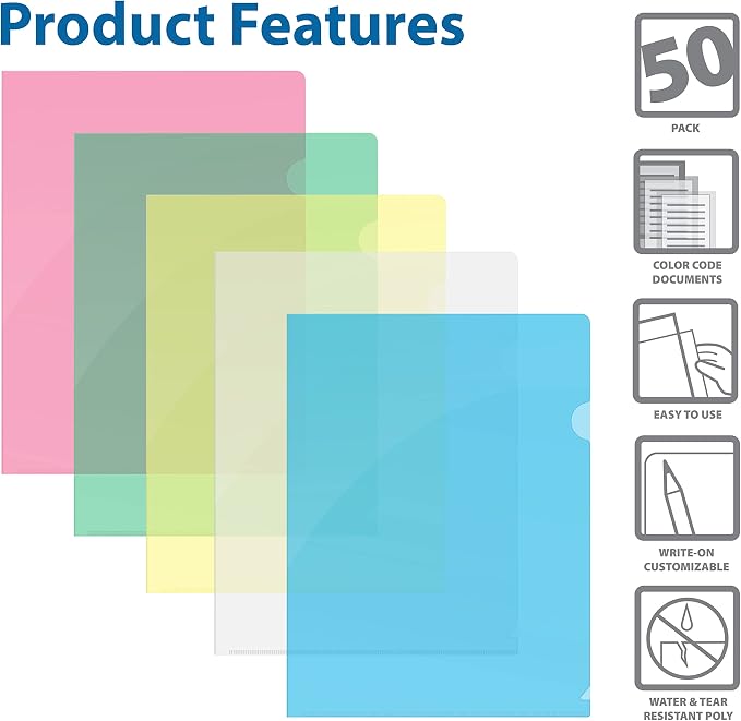 Better Office Products Poly Project Pockets, 50 Pack, Plastic File Jacket Sleeves for Letter Size Paper, Assorted 5 Translucent Colors, Project Folder File Jackets, 9" x 11.5", 50 Pack
