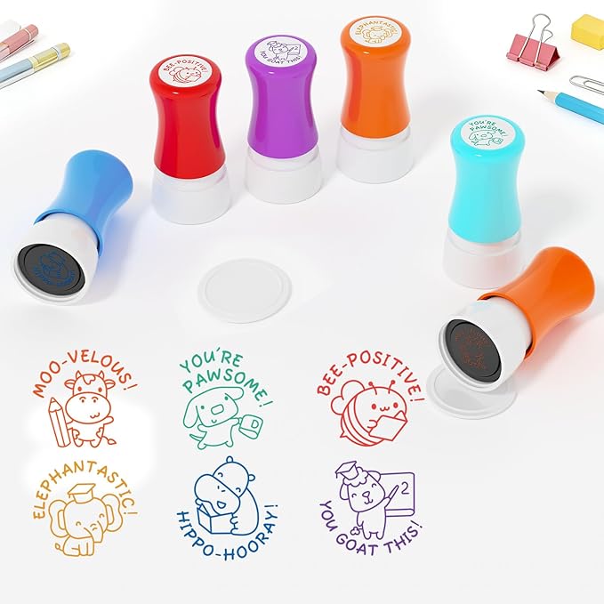 6-Piece Set of Teacher Stamps - Encouraging Animal Grading for Classroom Teacher Stamps for Grading Teacher Stamp Self Inking Stamp Behavior Stamps (Big Handle)