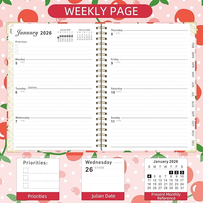2026 Monthly Planner, Jan.2026 - Dec.2026 Weekly Monthly Planner 6.25"x8.5" with Page Tabs, Calendar Hardcover with Inner Pocket, Elastic Band, Twin-Wire Binding, Bookmark, Cherry Polka Dots