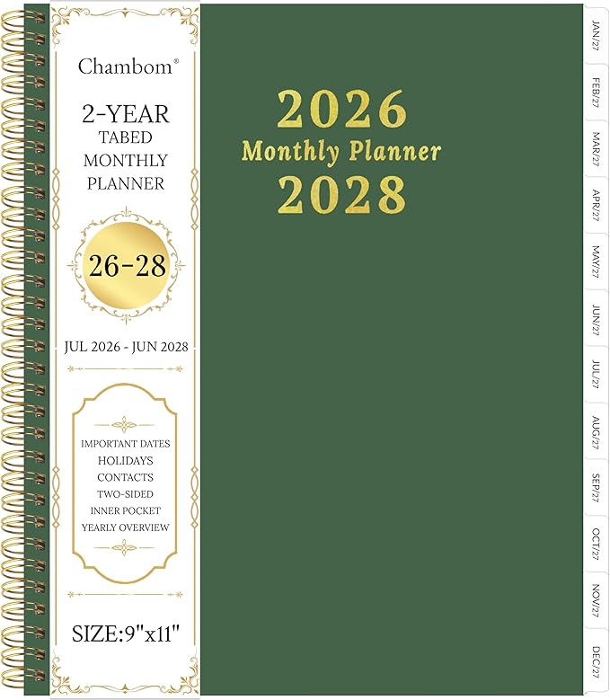 2026-2028 Monthly Planner, 2 Year Monthly Planner/Calendar 2026-208, Jul 2026 – Jun 2028, 9" x 11", Tabs, Double-Side Pocket, Holidays, Thick Paper - Dark Green