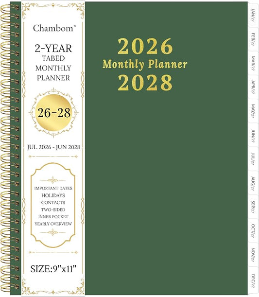 2026-2028 Monthly Planner, 2 Year Monthly Planner/Calendar 2026-2028, Jul 2026 – Jun 2028, 9" x 11", Tabs, Double-Side Pocket, Holidays, Thick Paper - Dark Green
