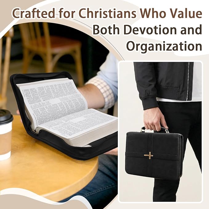 Classic Leather Bible Cover Case with Cross Design and Handle for Men Women, Durable Bible Study Supplies Organizer Carrying Bag, Perfect Christmas Gifts for Christians with Gift Box（Black