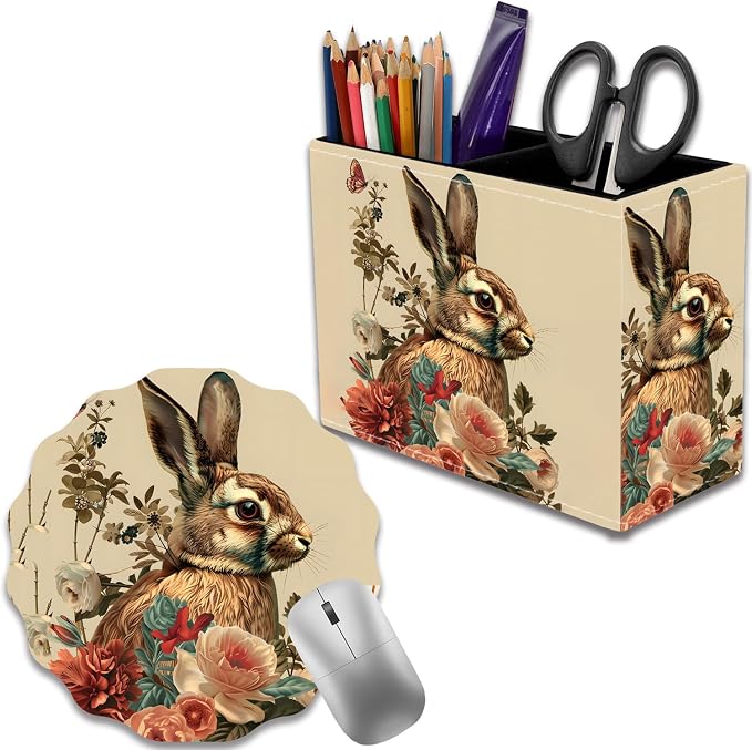 Pen Holder for Desk, PU Leather Multifunctional Desktop Storage Box and Anti-Slip Mouse Pad Set, Makeup Brush Holder Pen Organizer for Office and Home - Rabbit