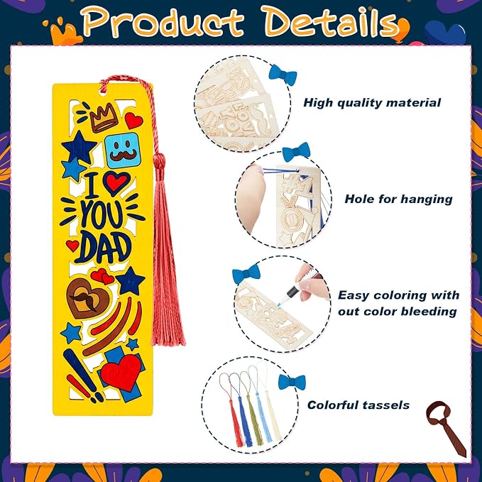 Yexiya 100 Pcs Father's Day Wood Bookmarks Bulk DIY Crafts Kit, 50 Set Blank Coloring Bookmarks with Tassel for Dad Grandpa Gifts Classroom Activity Party Favor