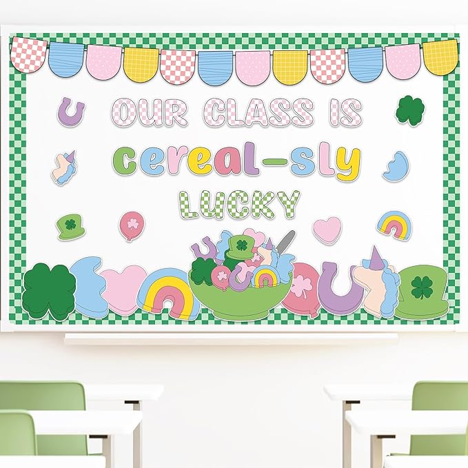 JarThenaAMCS St. Patrick' s Day Bulletin Board Decoration Lucky Charms Classroom Decoration Set Shamrock Clover Unicorn Paper Cutouts for School Classroom Chalkboard Wall Decor Irish Party Supplies
