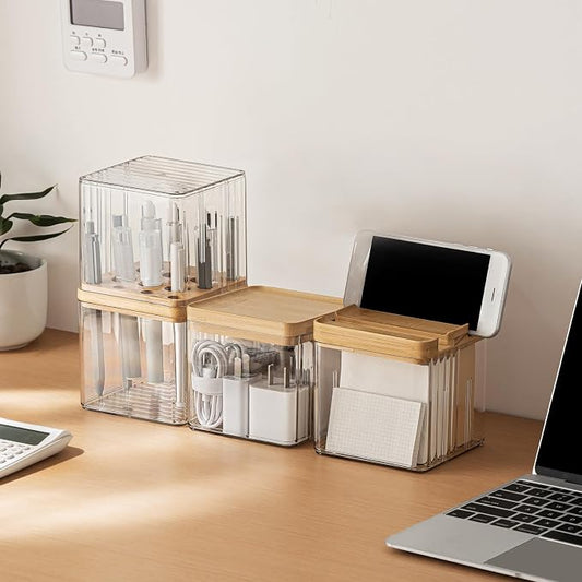 3-Pack Clear Desk Organizer Set with Lid - Stackable Pen Holder, Sticky Note, Paper Clip Storage, Office Desk Accessories for Pencils, Chargers, Cables, Art Supplies