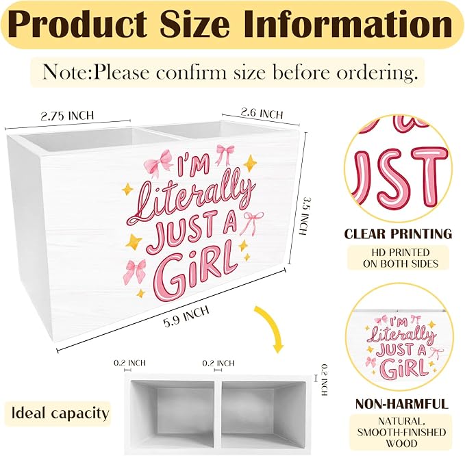 Pink Bow Girly Pen Holder for Desk, Coquette Preppy Pencil Organizer, I'm Literally Just a Girl Trendy Wooden Box Sign Desk Decor for Girls Bedroom Dorm Home Office Decoration