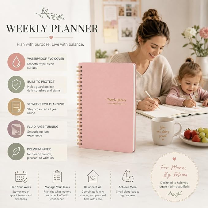 Undated Weekly Planner - Weekly Goals Notebook with To Do List, Habit Tracker, Daily Schedule Journal with Spiral Binding, 5.7 x 8.0 inches,Productivity Organizer Notebook for Work, School, Home, Pink