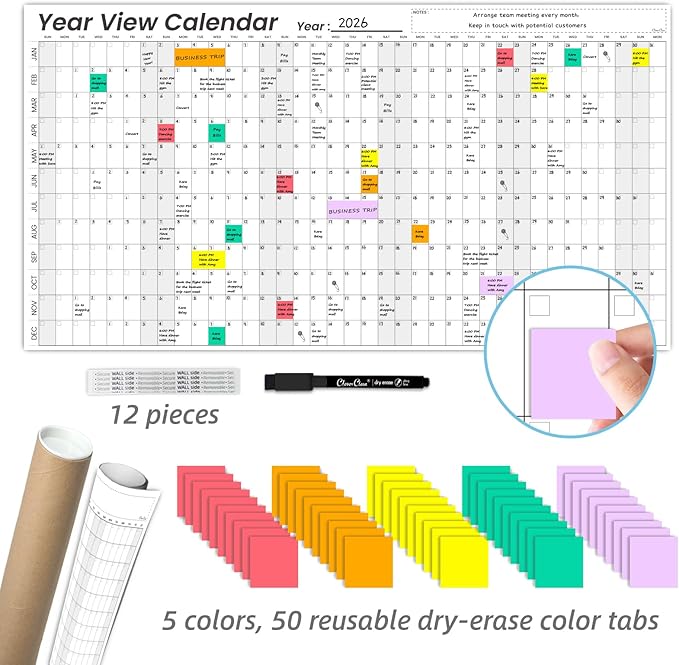 Large Dry Erase Wall Calendar - 24"x 45" Undated 12-Month Yearly Wall Calendar for Home, Office, Classroom - 50 Reusable Dry Erase Color Tabs Included