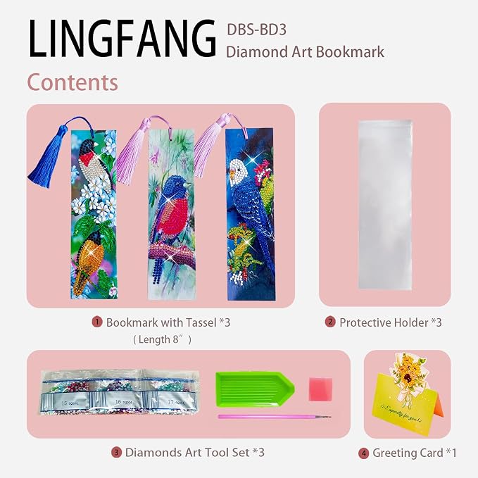 3 Pcs LINGFANG Diamond Painting Bookmark, DIY Book Makers for Adults Book Lovers, Diamond Art Beginners, Small Diamond Art Kits, Paint by Art Crafts Supplies Gift for Girls (Birds)