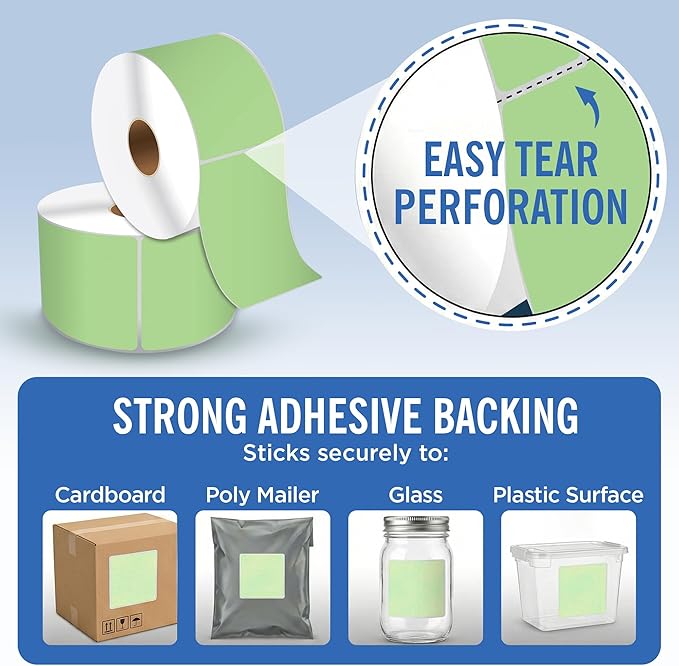 4" X 6" Direct Thermal Shipping Labels | Green | 1" Cores w/Perfs Easy Tear | Made in USA | Printing Label | 250 Labels | 250 Labels per Roll | 1 Rolls | Blank Labels