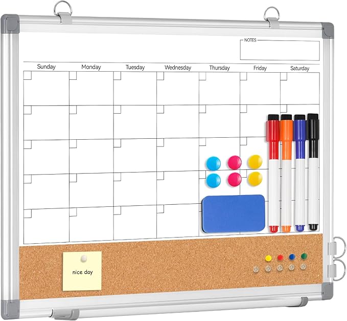 Small Monthly Dry Erase Calendar Whiteboard for Wall, 16" x 12" Double-Sided Magnetic Cute Calendar Dry Erase Board, Portable Hang Framed White Board Corkboard for Cubicle, Office, Home, College Dorm