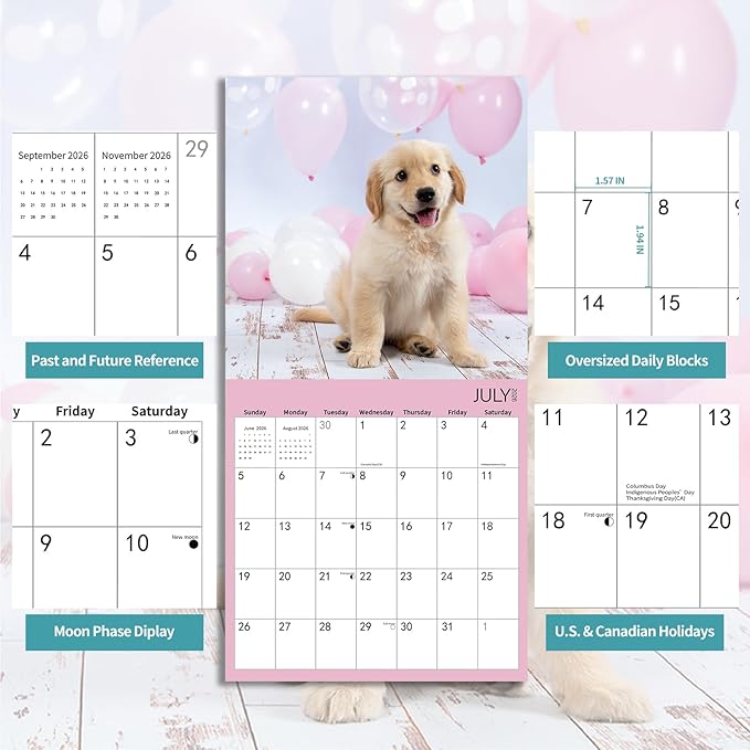 2026 Wall Calendar,Golden Retriever Wall Calendar, 12" x 24" Open,Family Planner Calendar Organizer with Golden Retriever Images, for Dogs Lovers