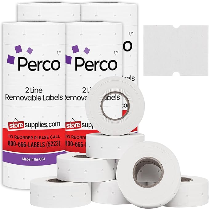 Perco 2 Line Removable Adhesive Labels - 32 Rolls, 4 Sleeves, 24,000 Blank Price and Date Gun Labels for Perco 2 Line Price and Date Guns - Made in USA