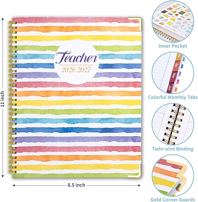 Teacher Planner 2026-2027, July 2026 to June 2027 Academic Year, 8.5" x 11" Lesson Planner Book for Teachers with Colorful Tabs, Teacher Calendar for Classroom or Homeschool, Hardcover, Color Stripe