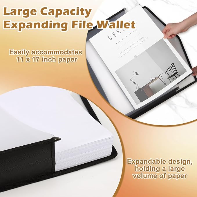 12 PCS 11 x 17 Inch Expandable Tabloid Size Document Folder with Label A3 Plastic Folders for Documents Black Expanding File Wallet Envelope Size Waterproof Clear Plastic File Pouch for Office