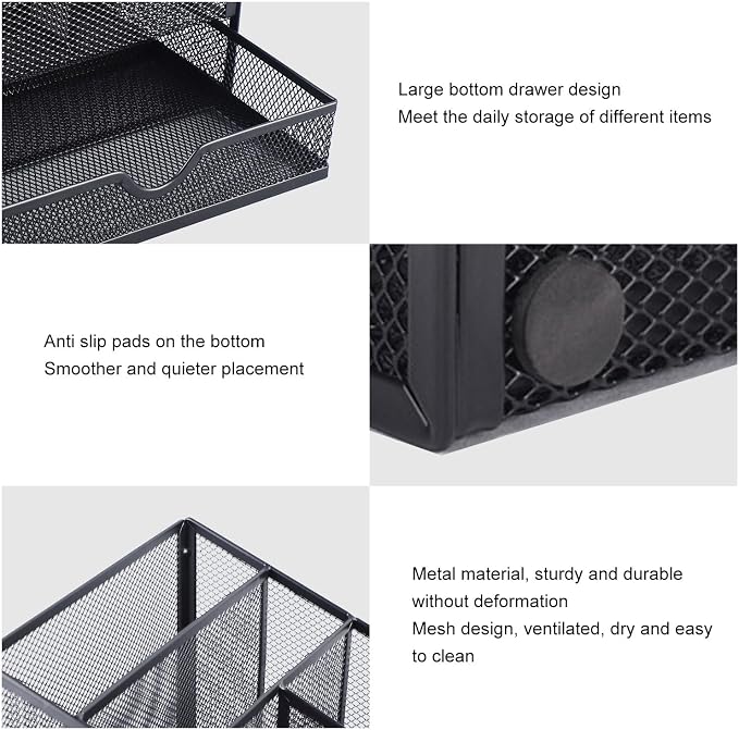 Desk Organiser, Metal Mesh with Removable Drawer, for Office Supplies, Books, Stationery and Desktop Storage, Black
