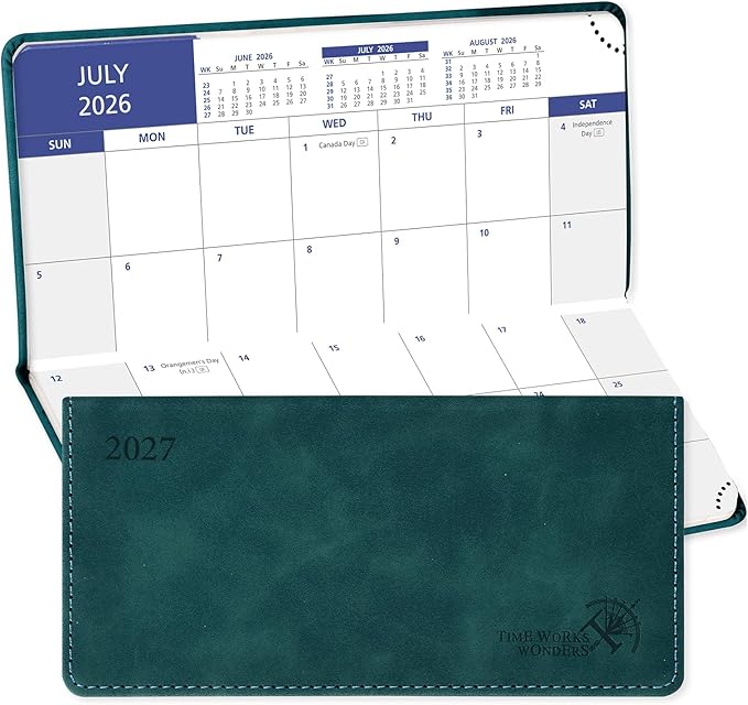 POPRUN Pocket Monthly Planner 2026-2027, Slim Size 3.25" x 6.75"(JUL 26-DEC 27), 18-Month Pocket Calendar for Purse, Academic Small Monthly Planner with PU Leather Softcover - Petrol Green