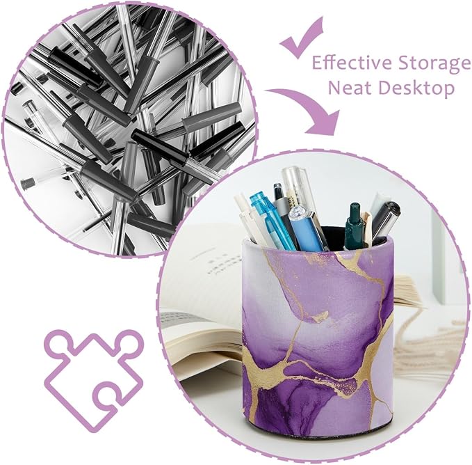 Leather Pen Holder for Desk, Purple Marble Makeup Brushes Holder Pencil Cup Multifunctional Desktop Organizer Caddy for Home School Office Desk Accessories