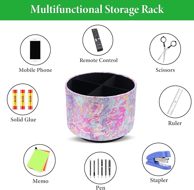 Round Leather Art Supply Organizer,Remote Control Holder,360-degree Rotating Pen Organizer with 4 Compartments(1-Painting Pink)