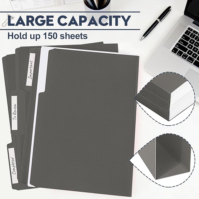 File Folders,Colored File Folders Letter Size,8.5" x 11",150 Pack 1/3 Cut Tab Bulk Folders with Blank Labels,Durable Paper Folders for Office Business School Home Use,Deep Black