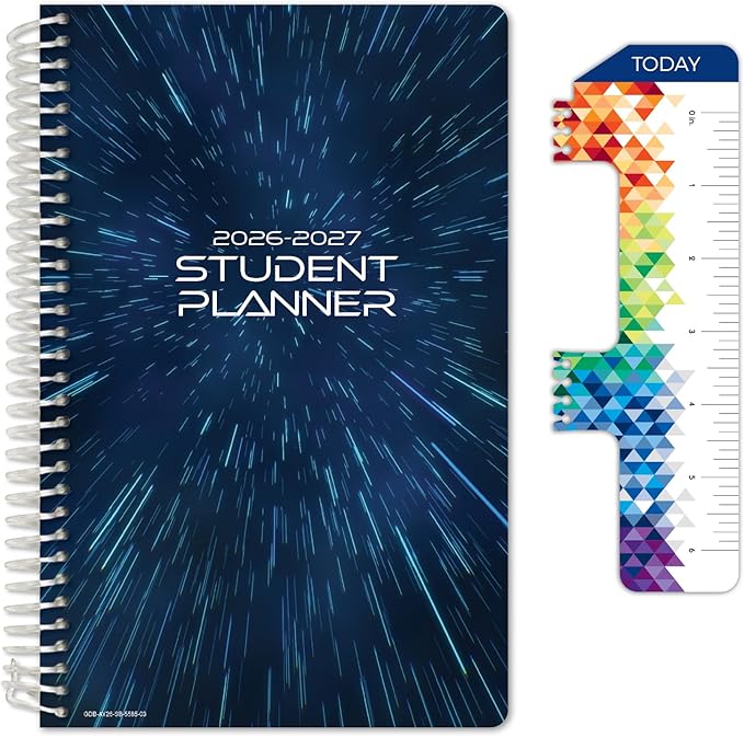 Global Datebooks 2026-2027 Middle & High School Student Planner 5.5" x 8.5" - Dated Weekly & Monthly Academic Planner with Ruler/Bookmark & Stickers, Ideal for Homework, Block Style, Galaxy